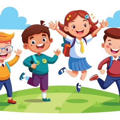 Four happy kids with backpacks on a green hill.